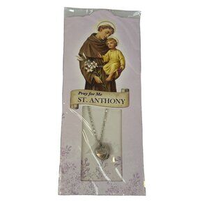 St. Anthony Devotional Heart Necklace Silver Tone Hearts Locket Prayer Card